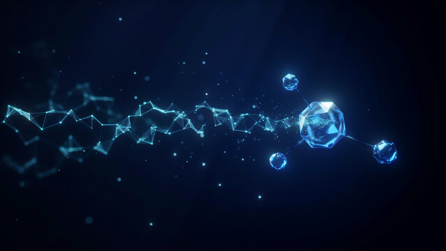 Evolving digital network with crystalline geometric shapes and glowing blue particles
