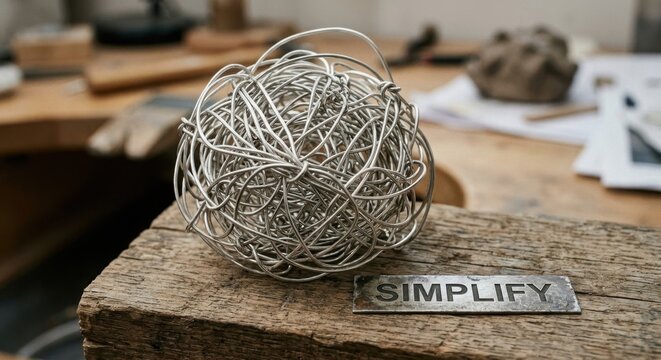 Macro view of a complex tangled silver wire sphere sitting on aged wood beside a metallic plate engraved with the word SIMPLIFY, workshop background with shallow depth of field.