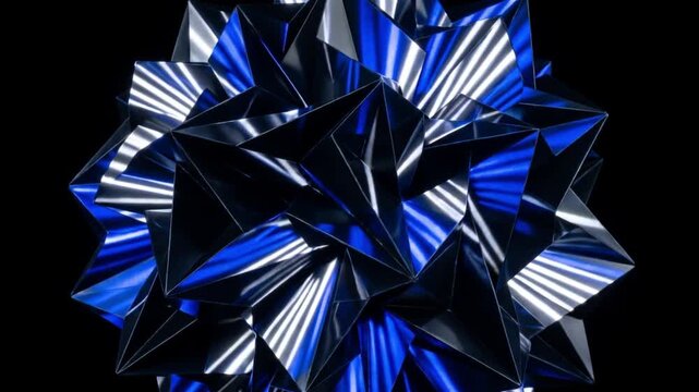 完全な平面がコバルトブルーの光を放つ幾何学的な折り紙構造へと展開するトポロジー変形CG映像
