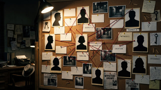 Detailed crime investigation board with red yarn connecting suspect silhouettes and evidence photos in a dark office
