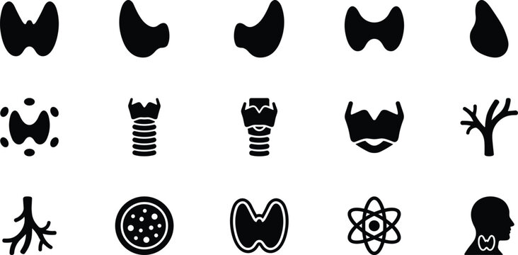 Set of thyroid gland icons, including thyroid anatomy, endocrine system, and medical symbols for diagnosis and treatment