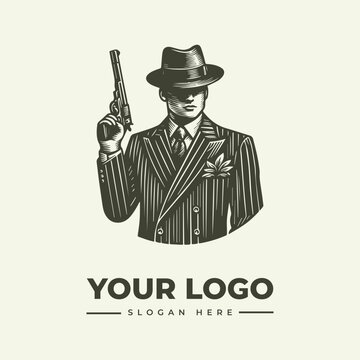 Vintage style illustration of a mysterious gangster holding a revolver for logo design.