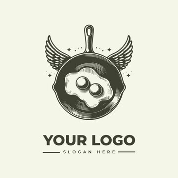 Vintage style logo design featuring a frying pan with wings and fried eggs.