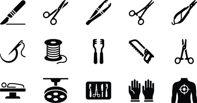 Set of medical surgery icons, surgical instruments and equipment for hospital operations, vector illustration