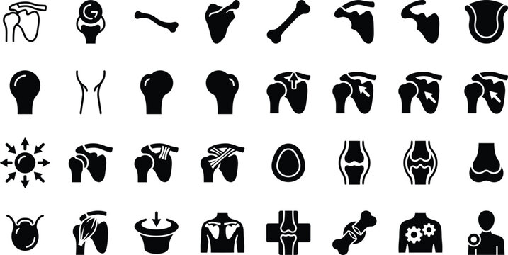 Set of shoulder joint icons, including anatomy, bone structure, joint movement, and medical treatment symbols