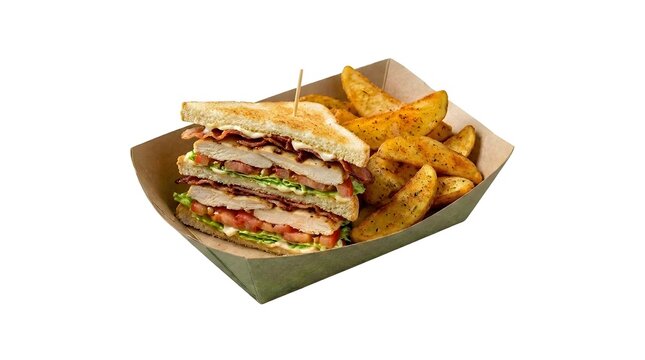 Chicken Club Sandwich and Potato Wedges in Takeaway Tray