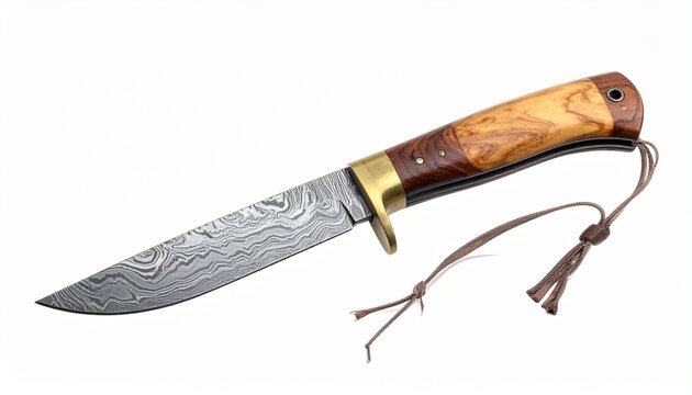 Damascus steel knife gleams, wooden handle radiates craftsmanship, strength, and timeless artistry.
