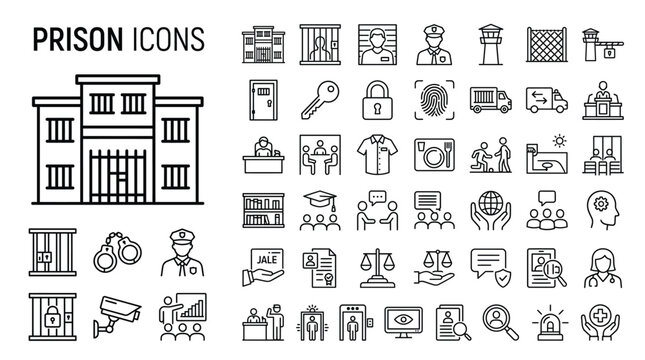 Prison and jail icons set, thin line style, vector illustration
