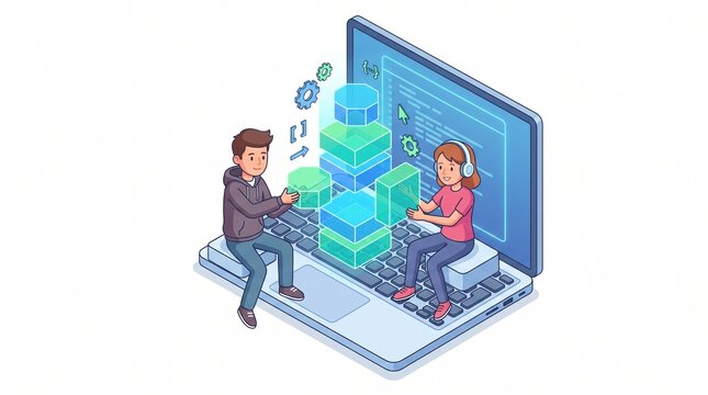 Isometric illustration of students assembling code blocks on a giant laptop keyboard