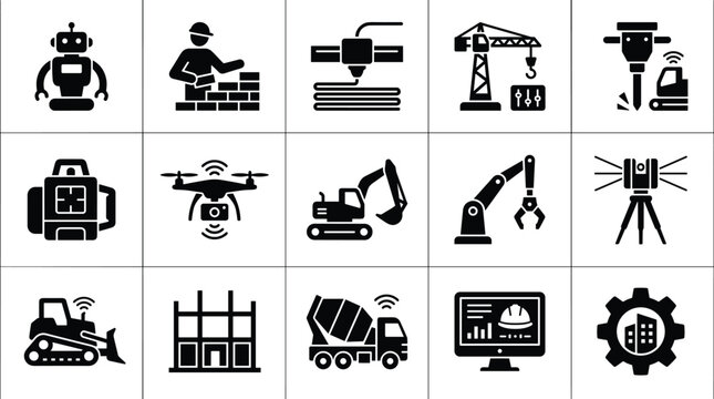 Set of construction technology icons, including robotics, 3d printing, drone, heavy machinery, and digital planning tools for modern building industry