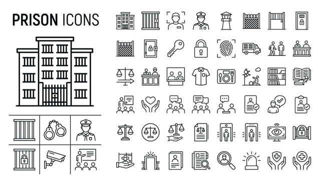 Set of prison and justice thin line icons, vector illustration
