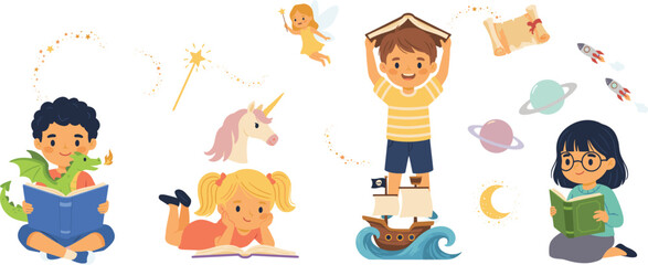 Children Reading Books and Imagining Fantasy Stories with Magic Dragon, Fairy, Unicorn, Pirate Ship, Space Rockets, and Planets Vector Illustration