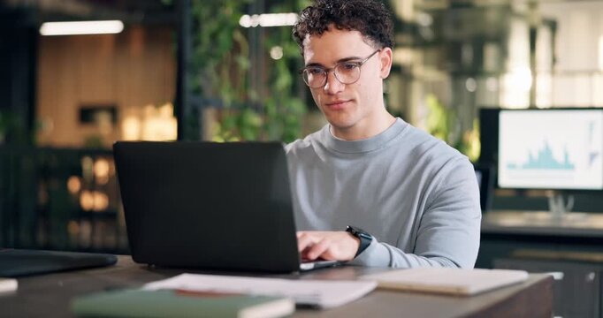 Business, man and typing in office with laptop, research and data analysis for finance report. Male person, reading and email in workplace with tech, financial audit and statistics for company profit