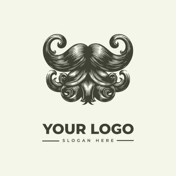Vintage style mustache and beard logo design for barbershop or salon branding.
