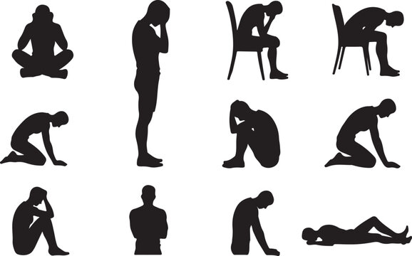 Silhouette people in various sitting and bending poses