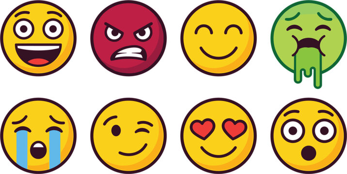 Set of colorful cartoon emoji faces showing different human emotions