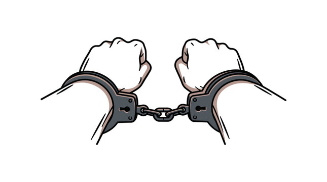 Illustration of human hands bound in metal handcuffs on white background