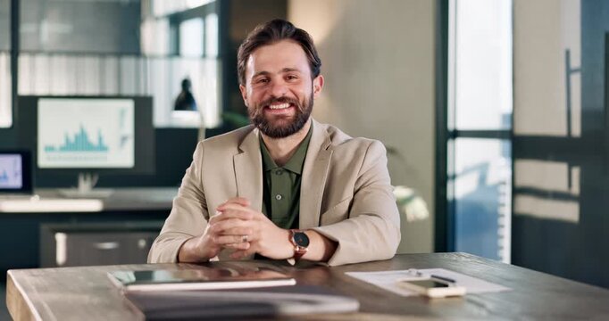 Face, smile and businessman in office for finance, about us and private equity analyst with pride. Portrait, happy person and investment professional in corporate workplace, ambition or career growth