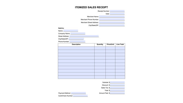 Itemized Receipt fillable form, color vector illustration