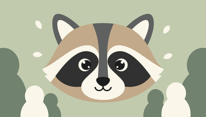 Fototapeta premium Adorable portrait of a fluffy raccoon head surrounded by soft green bushes on a pale olive background.