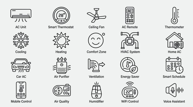 Hvac and climate control icons set including ac unit smart thermostat ceiling fan air purifier ventilation humidifier energy saver and smart home temperature tools.