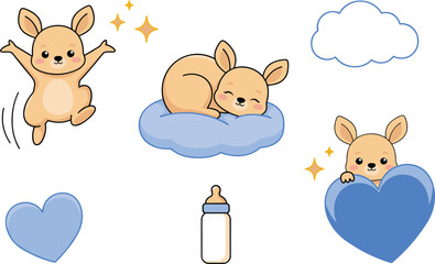 Cute Chibi Baby Kangaroo Character Set with Little Joey Jumping Sleeping on Cloud Peeking behind Blue Heart and Milk Bottle Vector Illustration © Sanjida Creative