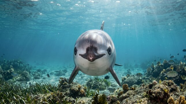 Curious vaquita approaching the underwater camera, direct eye contact, crystal clear water, authentic marine habitat