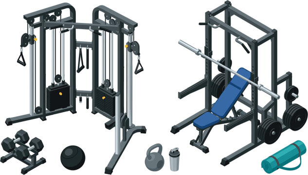 Isometric gym equipment set with cable crossover machine power rack bench press dumbbells and fitness accessories vector illustration