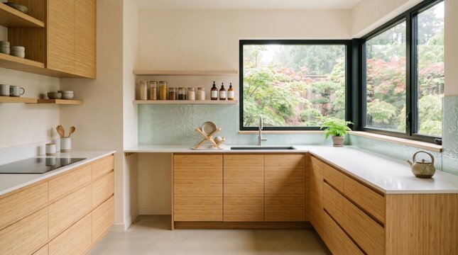 Serene bamboo kitchen with wraparound garden windows, pale mineral worktops, refillable pantry jars, open shelving and restrained Japanese-inspired details shaped by daylight and biophilic living