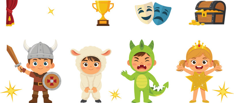 Cute Kids School Theater Performance Costume Character Set with Little Children Dressed as Viking Sheep Dragon and Star Carrying Stage Props Vector Illustration
