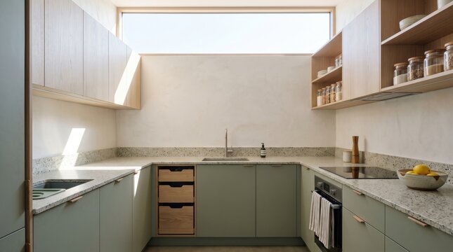 Compact sage green kitchen beneath a wide clerestory, pairing terrazzo worktops, pale timber cupboards, refillable pantry jars and efficient U-shaped planning for a softly sunlit low-impact home