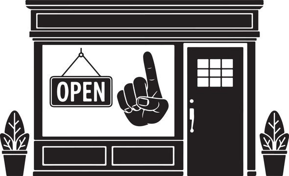 Black and white storefront with open sign and thumbs up