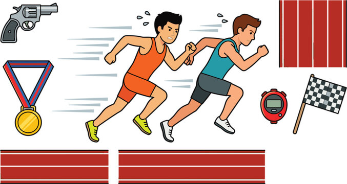 Two athletes running sprint race on athletics track with medal stopwatch starter pistol and checkered flag vector illustration