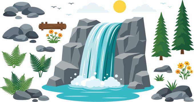 Beautiful nature landscape vector set with waterfall rocks mountains pine trees fern leaves and wooden sign elements