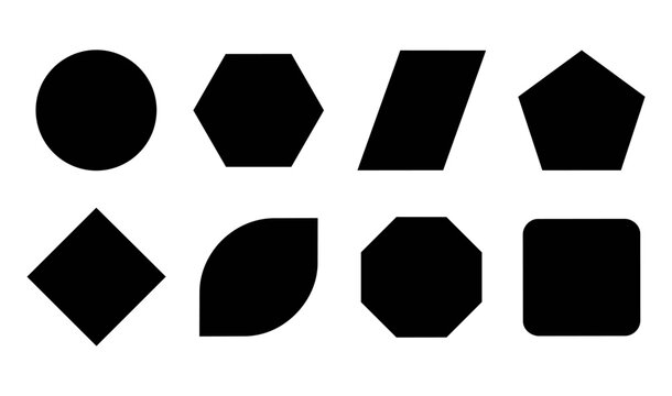 Set of various geometric shapes and basic forms in black silhouette with geometric silhouette parallelogram pentagon abstract collection
