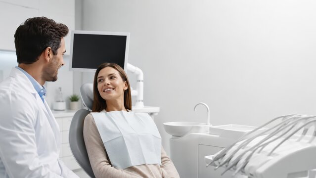Dentist Consulting Relaxed Patient in Modern White Dental Clinic