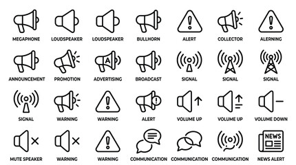 Fototapeta premium Megaphone and communication line icons set including loudspeaker bullhorn alert signal broadcast volume control warning signs message notification and news alerts.