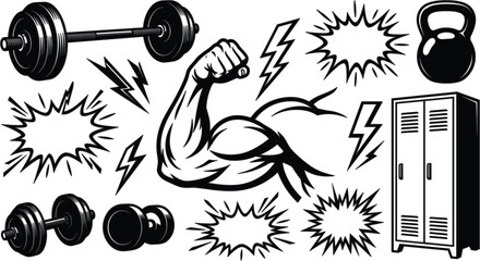 Vintage gym emblem elements with bicep muscle flex barbell dumbbells kettlebell lightning bolts locker vector illustration set © MST