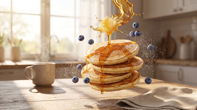 Syrup pouring on stack of pancakes with blueberries