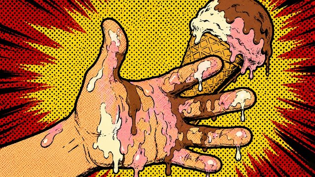 暑い日に溶けて手がベタベタになったアイスクリームコーンを持つ手のポップアートイラスト