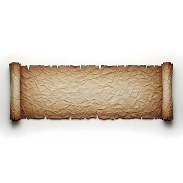 Ancient parchment scroll with faded yellowish text isolated on white background