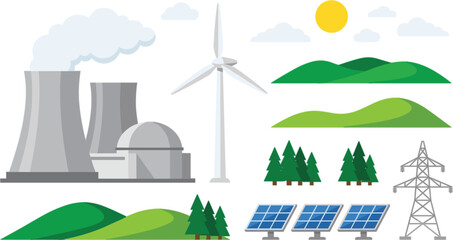 Green energy concept set with nuclear power plant wind turbine solar panels electric pylon and landscape vector illustration © MST