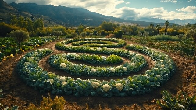 Aerial view of vibrant crop circles in rural farmland. Drone landscape photography of agricultural patterns and geometric fields.