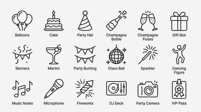 Party celebration events icons set including balloons cake hat champagne bottle flute gift banner martini bunting disco ball sparkler dancer music mic firework deck.