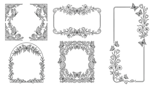 Set of decorative frames with butterflies and flowers, design for wedding invitation, greeting card or coloring book.