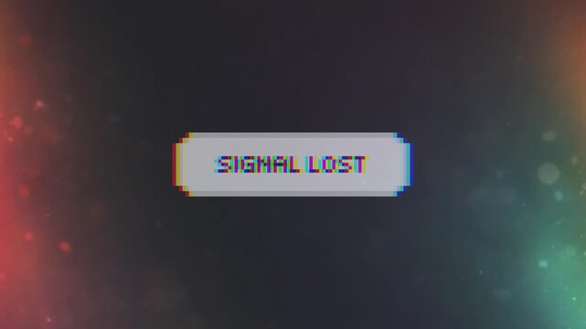 Retro pixel art signal lost banner on a dark glitchy background with red and green chromatic aberration effects