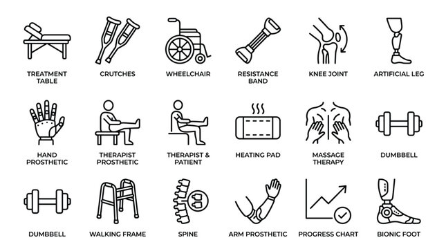Physical therapy and medical recovery icons set featuring treatment table crutches wheelchair resistance band knee joint artificial leg hand prosthetic arm massage.
