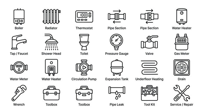 Plumbing and heating system line icons including boiler radiator thermostat pipes water heater faucet shower toilet.
