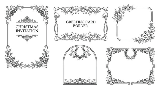 Set of elegant Christmas and greeting card borders with ornate floral and swirl designs, perfect for invitations and frames.