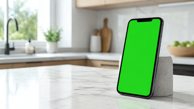 A modern smartphone stands on a stylish kitchen countertop with a green screen, perfect for apps, digital displays, or presentations.